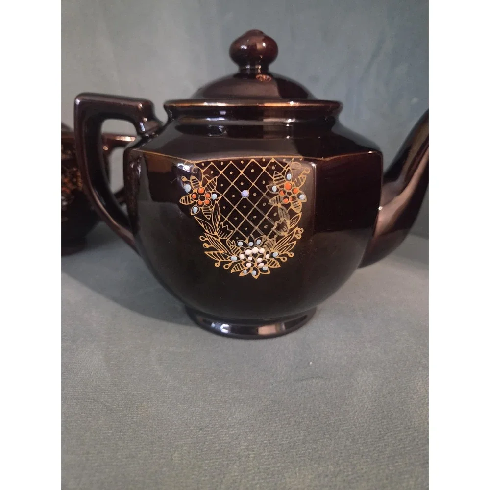 Vtg Brown Betty Redware Teapot Moriage Enamel Hand Painted Japan Set Of 4